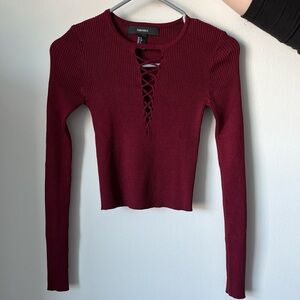 Forever 21 Burgundy Lace-Up Long Sleeve Top, Size S